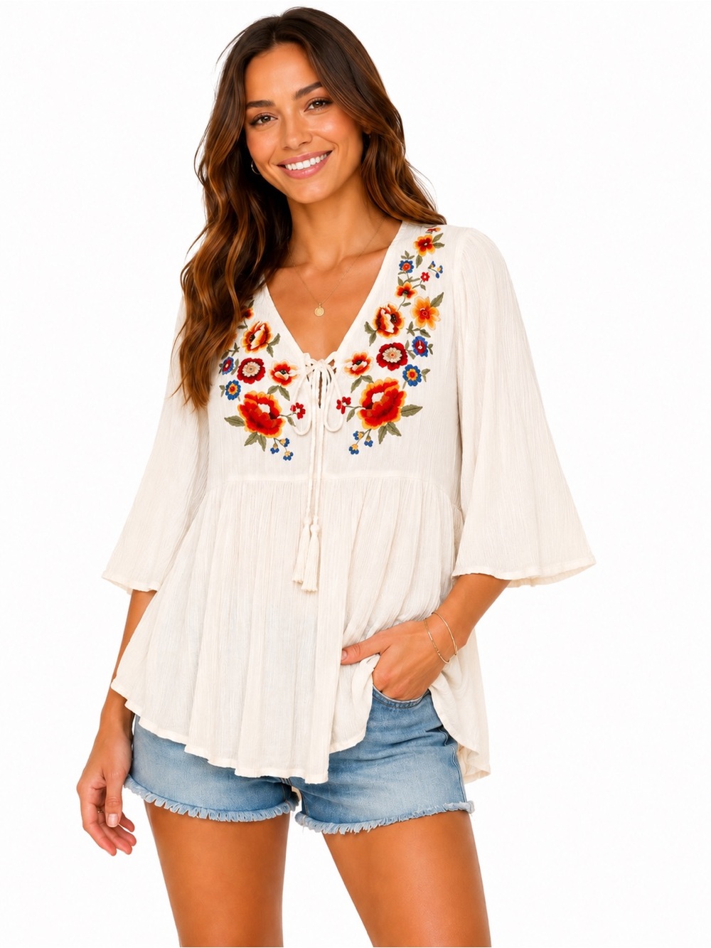 Boho‎ Embroidered Floral Peasant Top Ivory Bell Sleeve Tie Neck Size L Coastal